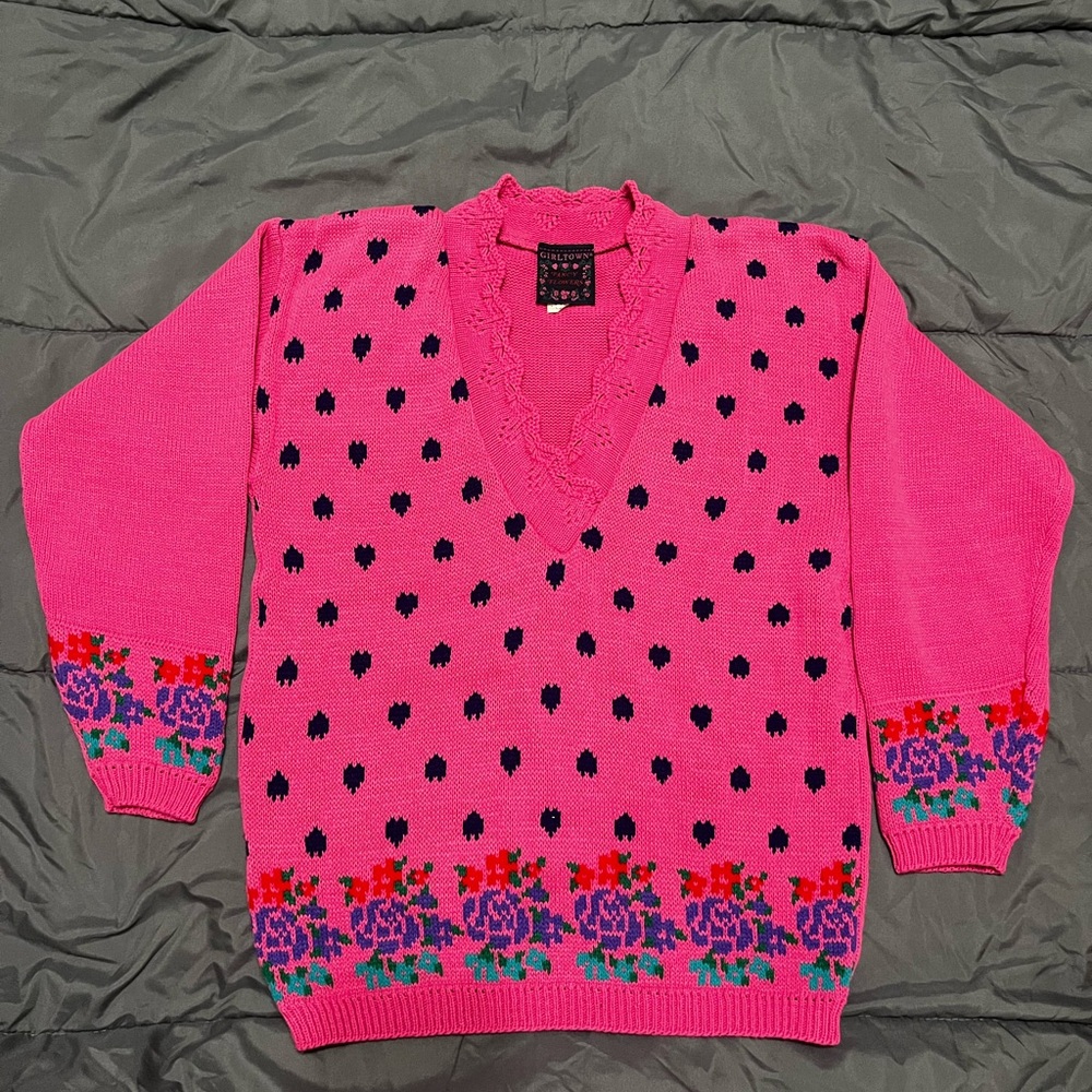 Vintage Girltown Fancy Flowers Made in the USA Heart Floral Sweater Large